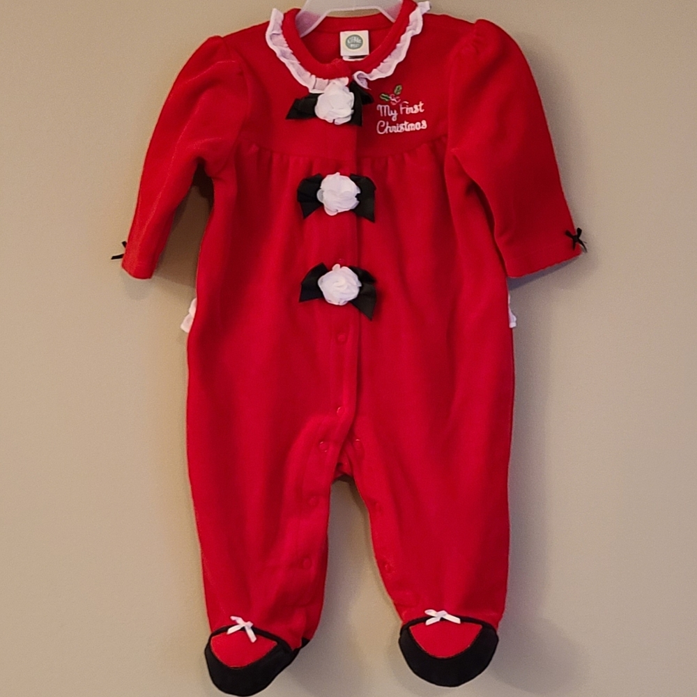 "My First Christmas" red velour footed sleeper with flower/ruffle detail